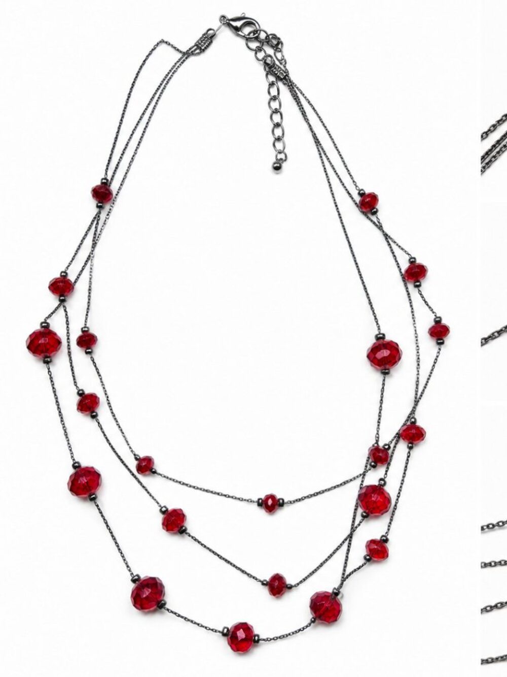 Red Crystal Beaded Layered Necklace Gunmetal Tone Multi Strand